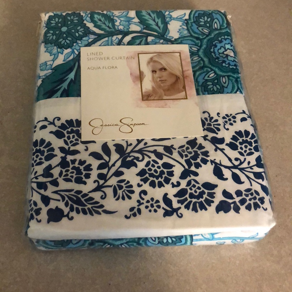Aqua Floral Lined Shower Curtain